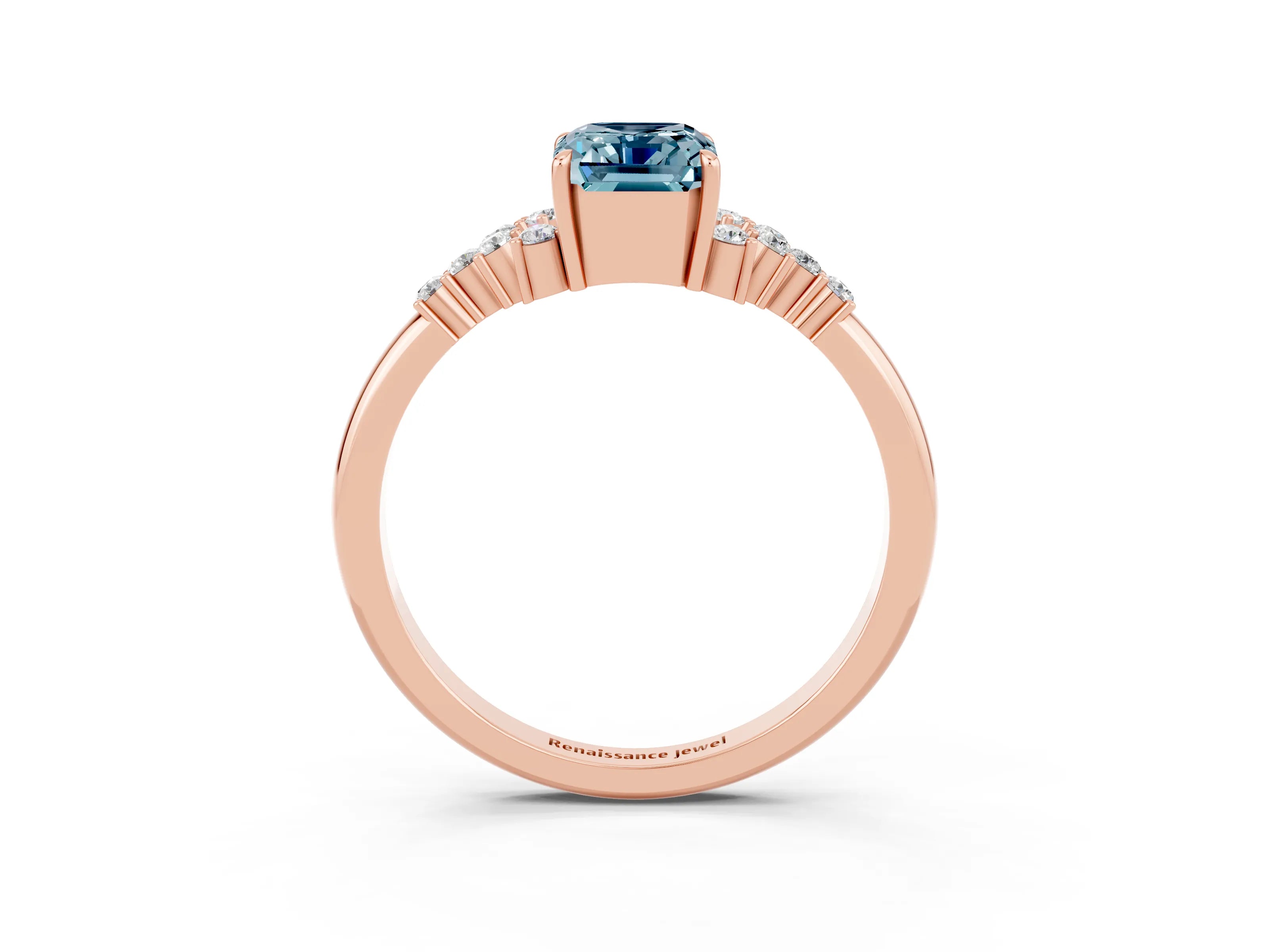 Rose gold Emerald Cut Aquamarine Ring with Side Stones and Four-Prong Setting_39