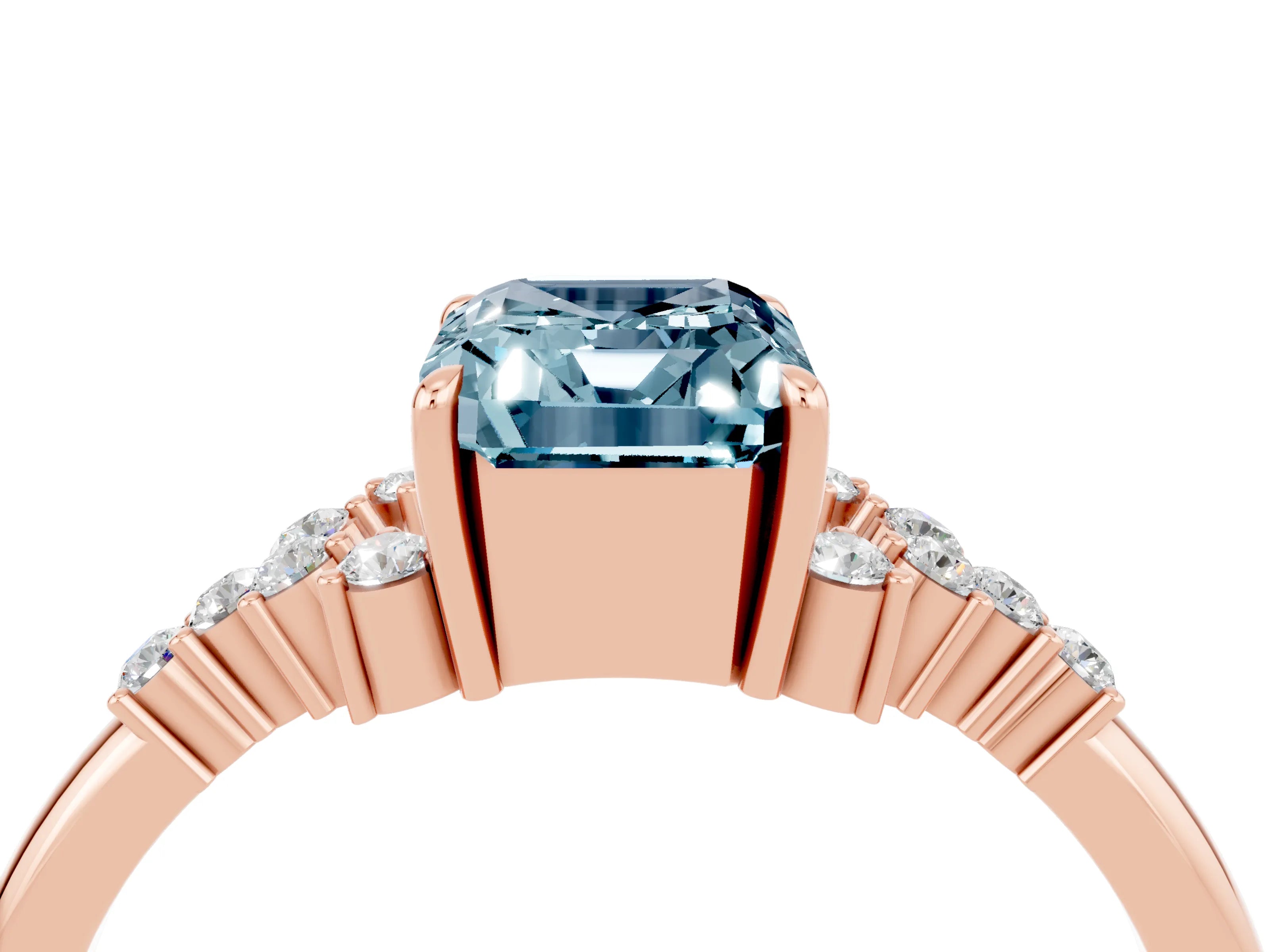 Rose gold Emerald Cut Aquamarine Ring with Side Stones and Four-Prong Setting_40