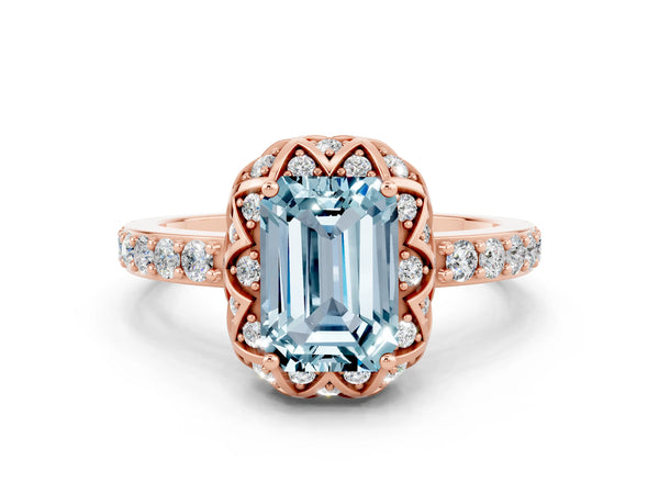Rose gold Emerald Cut Aquamarine Scalloped Halo Engagement Ring with Round Shared Prong Band