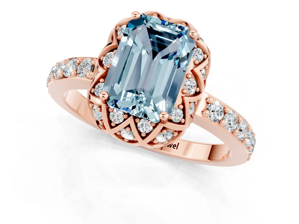 Rose gold Emerald Cut Aquamarine Scalloped Halo Engagement Ring with Round Shared Prong Band