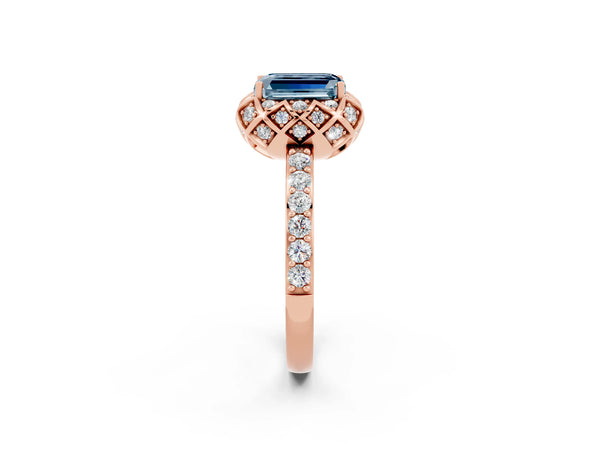 Rose gold Emerald Cut Aquamarine Scalloped Halo Engagement Ring with Round Shared Prong Band