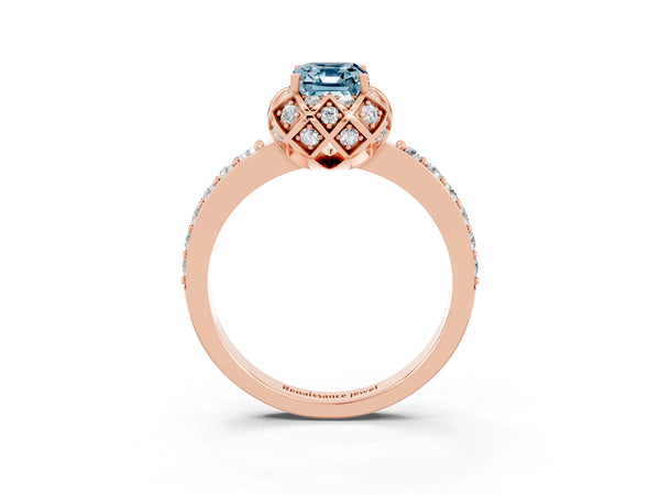 Rose gold Emerald Cut Aquamarine Scalloped Halo Engagement Ring with Round Shared Prong Band