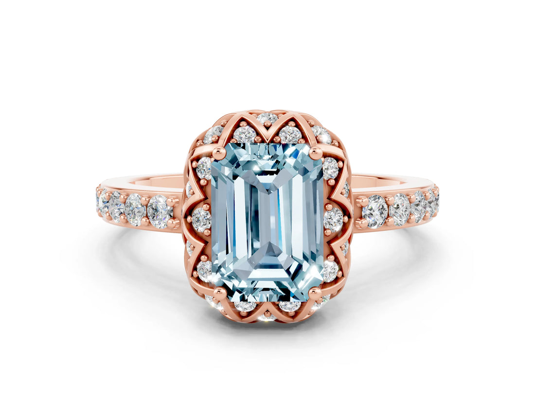 Rose gold Emerald Cut Aquamarine Scalloped Halo Engagement Ring with Round Shared Prong Band_24