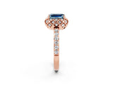 Rose gold Emerald Cut Aquamarine Scalloped Halo Engagement Ring with Round Shared Prong Band_26
