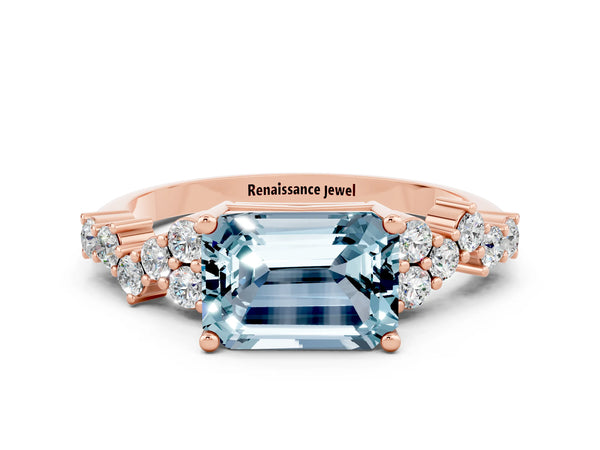 Rose gold Emerald Cut Aquamarine Scattered Round Accent Ring with Prong Setting