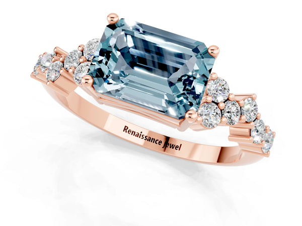 Rose gold Emerald Cut Aquamarine Scattered Round Accent Ring with Prong Setting