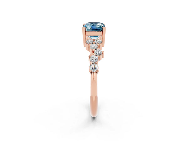 Rose gold Emerald Cut Aquamarine Scattered Round Accent Ring with Prong Setting
