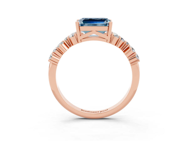 Rose gold Emerald Cut Aquamarine Scattered Round Accent Ring with Prong Setting