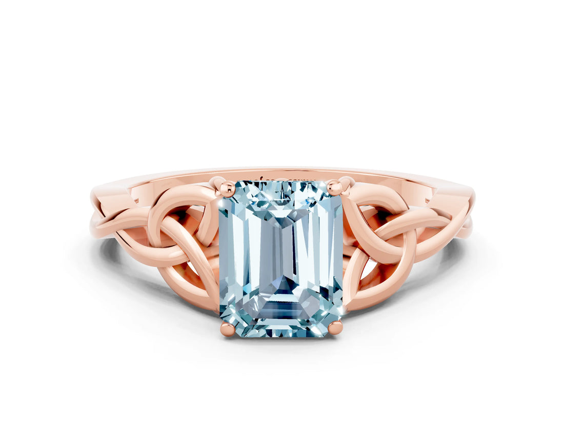 Rose gold Emerald Cut Aquamarine Solitaire Celtic Knot Ring with Four-Prong Setting_12