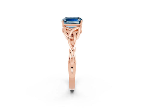 Rose gold Emerald Cut Aquamarine Solitaire Engagement Ring with Celtic Knot Band and Four-Prong Setting_2