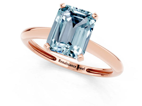 Rose gold Emerald Cut Aquamarine Solitaire Engagement Ring with Classic Band and Four-Prong Setting