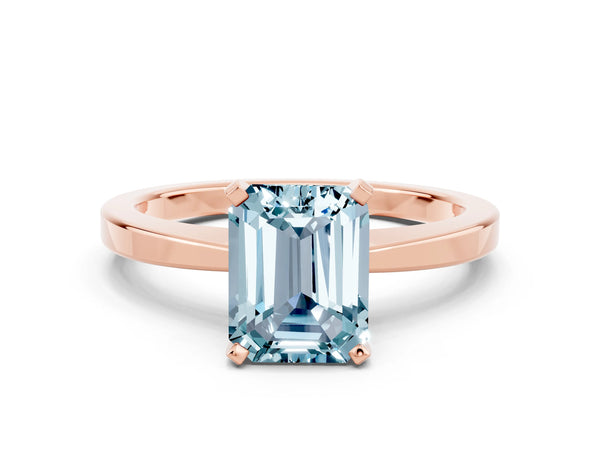 Rose gold Emerald Cut Aquamarine Solitaire Engagement Ring with Classic Band and Four-Prong Setting