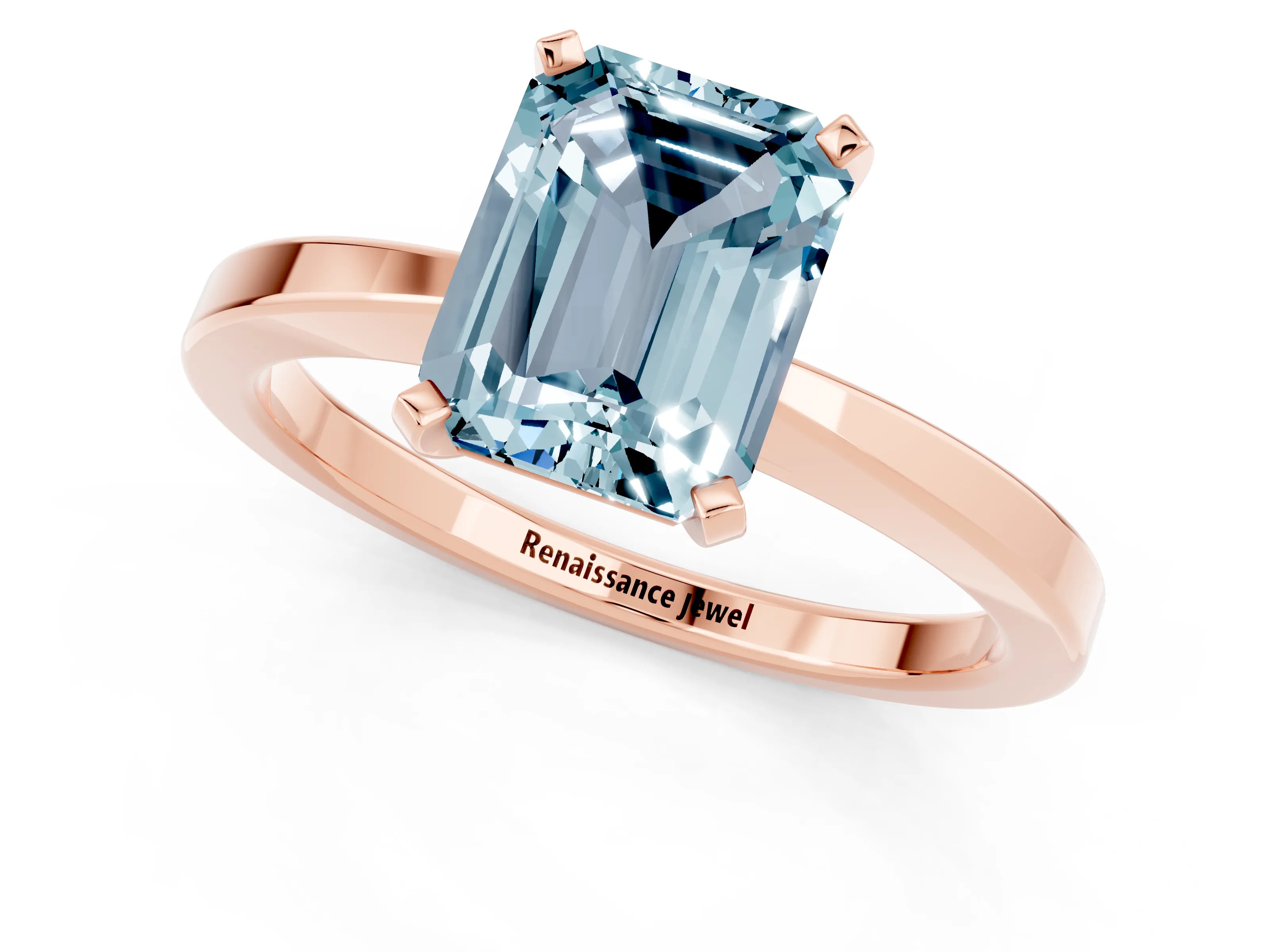 Rose gold Emerald Cut Aquamarine Solitaire Engagement Ring with Classic Band and Four-Prong Setting_25