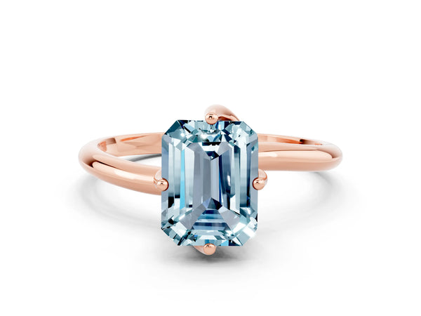 Rose gold Emerald Cut Aquamarine Solitaire Engagement Ring with Four-Prong Setting and Classic Band