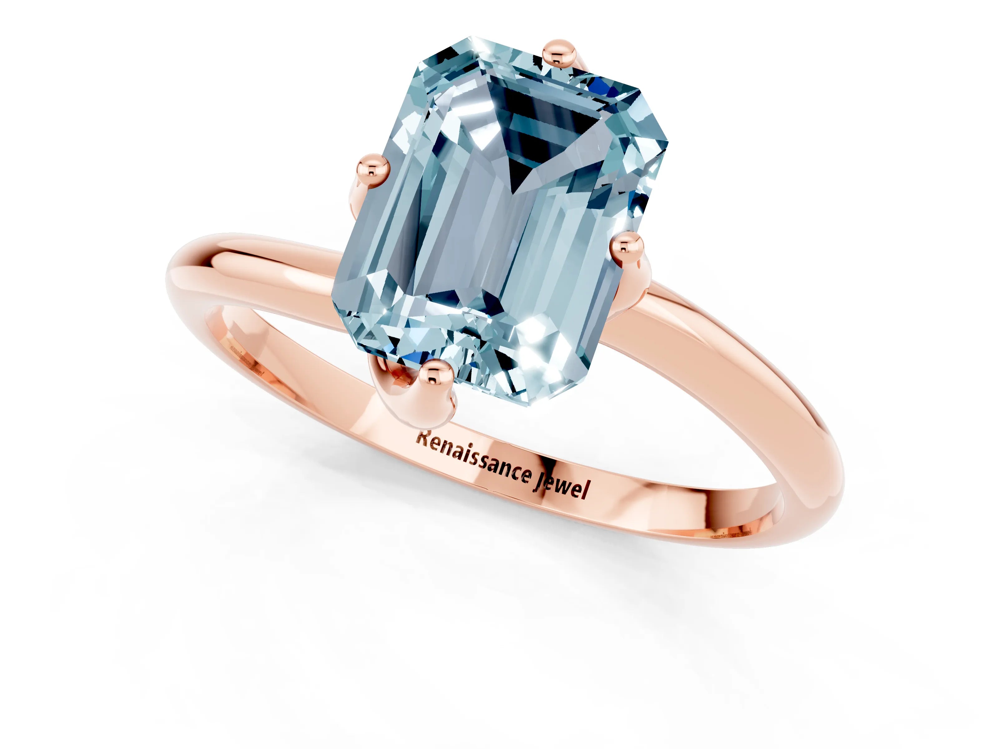 Rose gold Emerald Cut Aquamarine Solitaire Engagement Ring with Four-Prong Setting and Classic Band_13