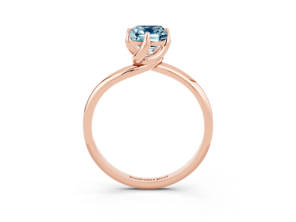 Rose gold Emerald Cut Aquamarine Solitaire Engagement Ring with Four-Prong Setting and Classic Band
