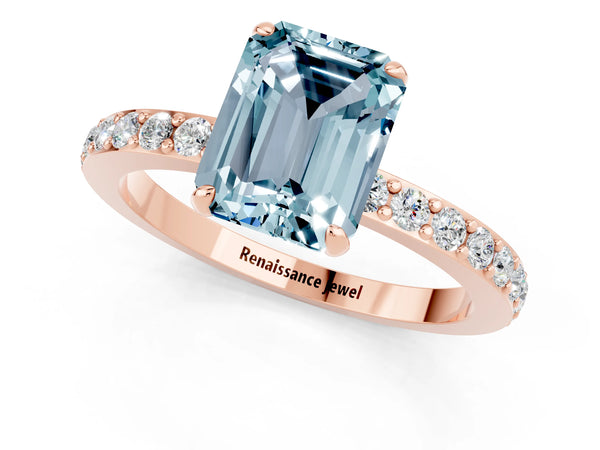 Rose gold Emerald Cut Aquamarine Solitaire Engagement Ring with Pavé Band and Four-Prong Setting