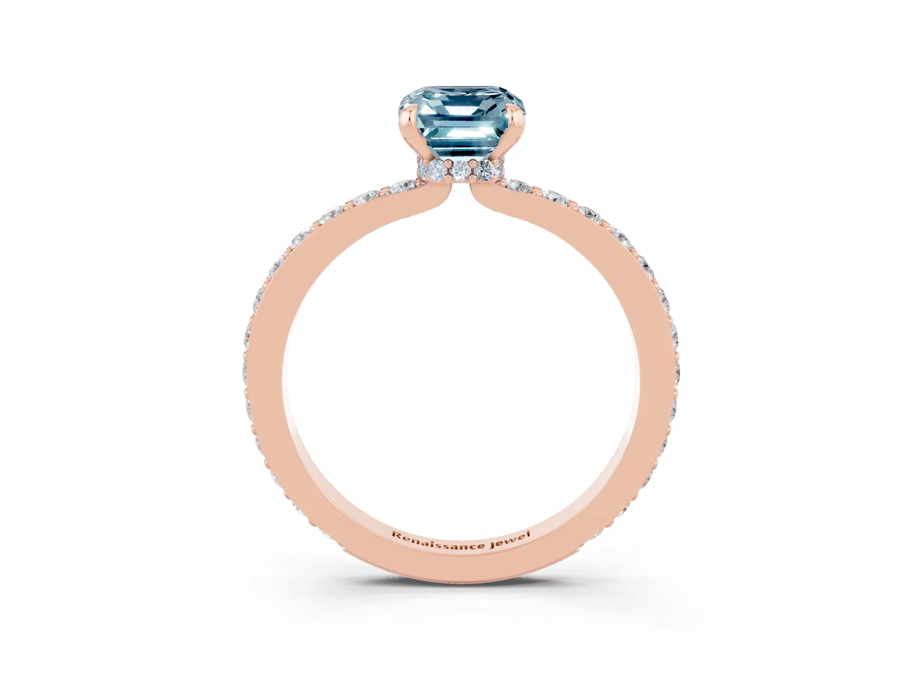 Rose gold Emerald Cut Aquamarine Solitaire Engagement Ring with Pavé Band and Four-Prong Setting_3