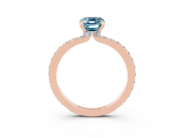 Rose gold Emerald Cut Aquamarine Solitaire Engagement Ring with Pavé Band and Four-Prong Setting