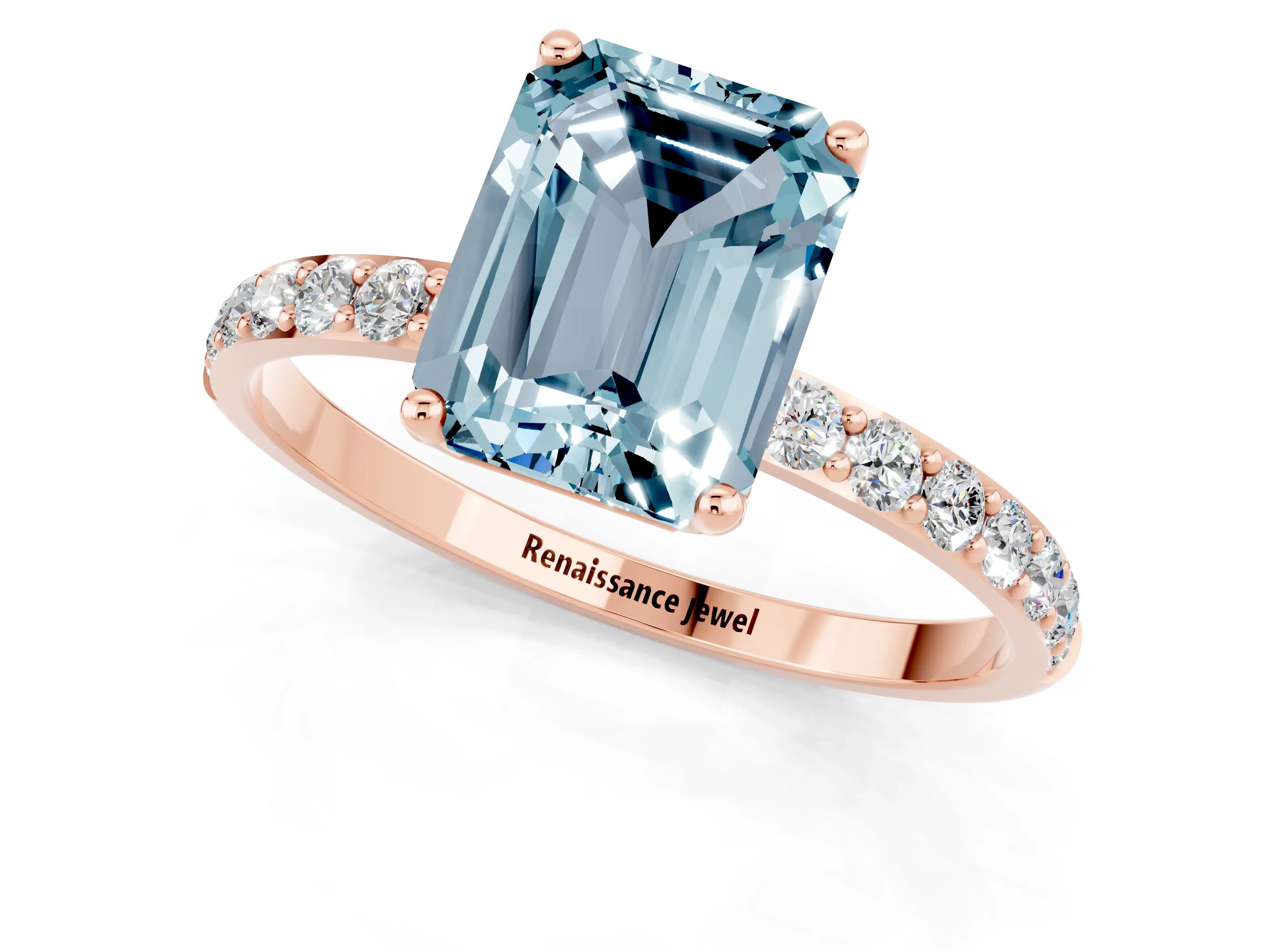 Rose gold Emerald Cut Aquamarine Solitaire Engagement Ring with Pavé Band and Prong Setting_1