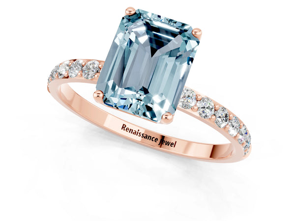 Rose gold Emerald Cut Aquamarine Solitaire Engagement Ring with Round  Pavé Band and Prong Setting