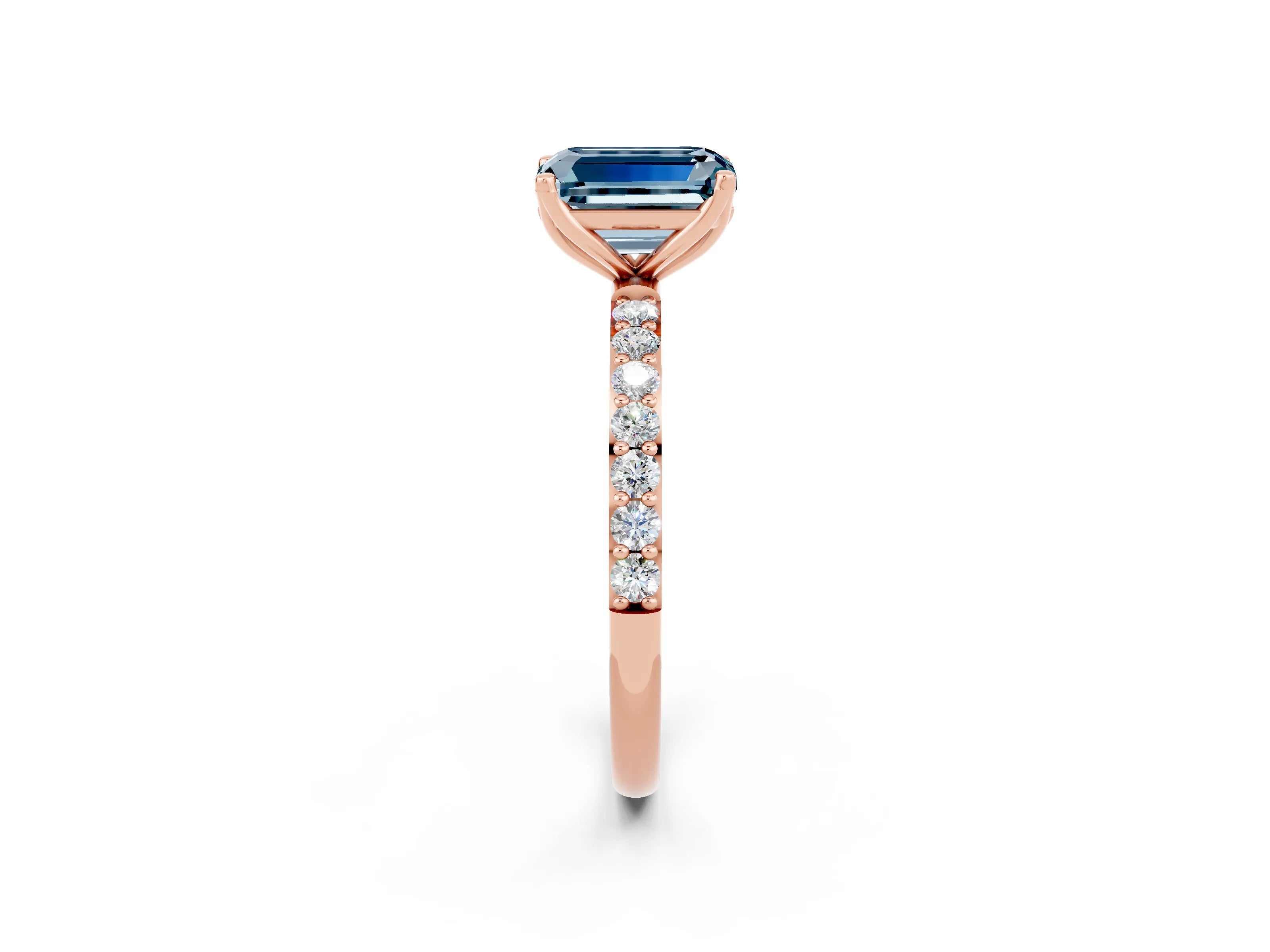 Rose gold Emerald Cut Aquamarine Solitaire Engagement Ring with Pavé Band and Prong Setting_2