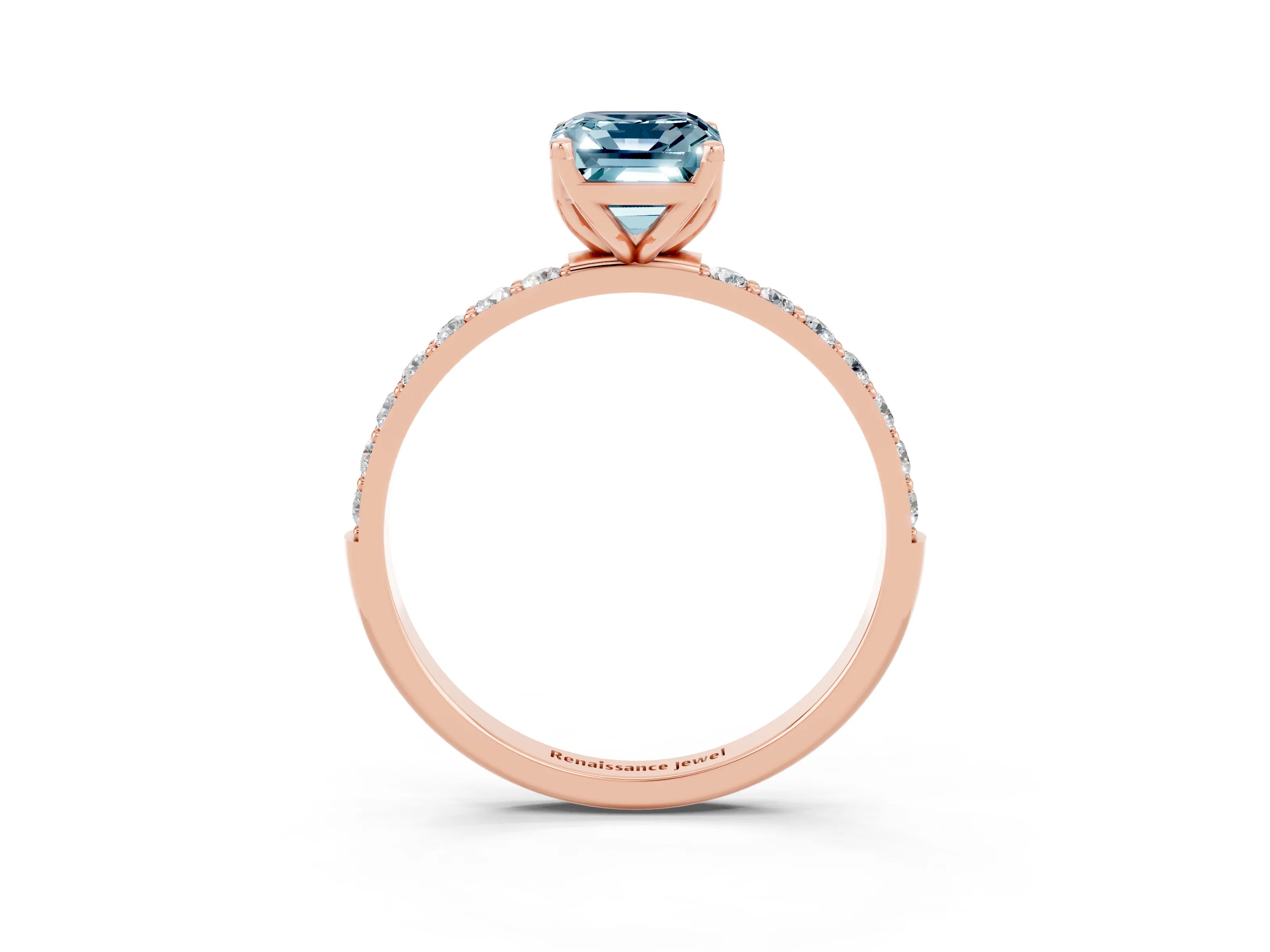 Rose gold Emerald Cut Aquamarine Solitaire Engagement Ring with Pavé Band and Prong Setting_3