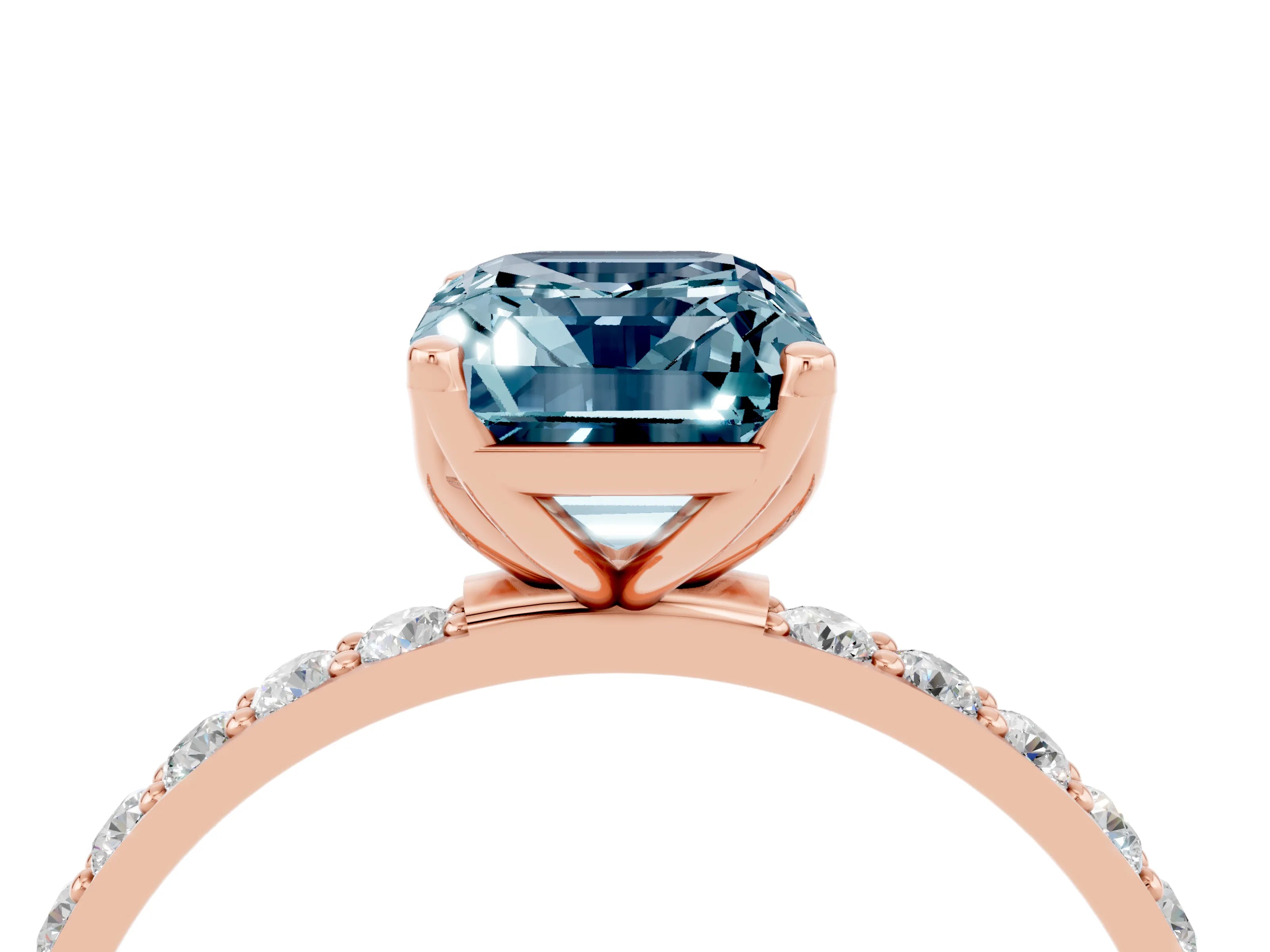 Rose gold Emerald Cut Aquamarine Solitaire Engagement Ring with Pavé Band and Prong Setting_4