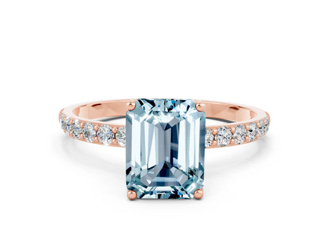 Rose gold Emerald Cut Aquamarine Solitaire Engagement Ring with Pavé Band and Prong Setting