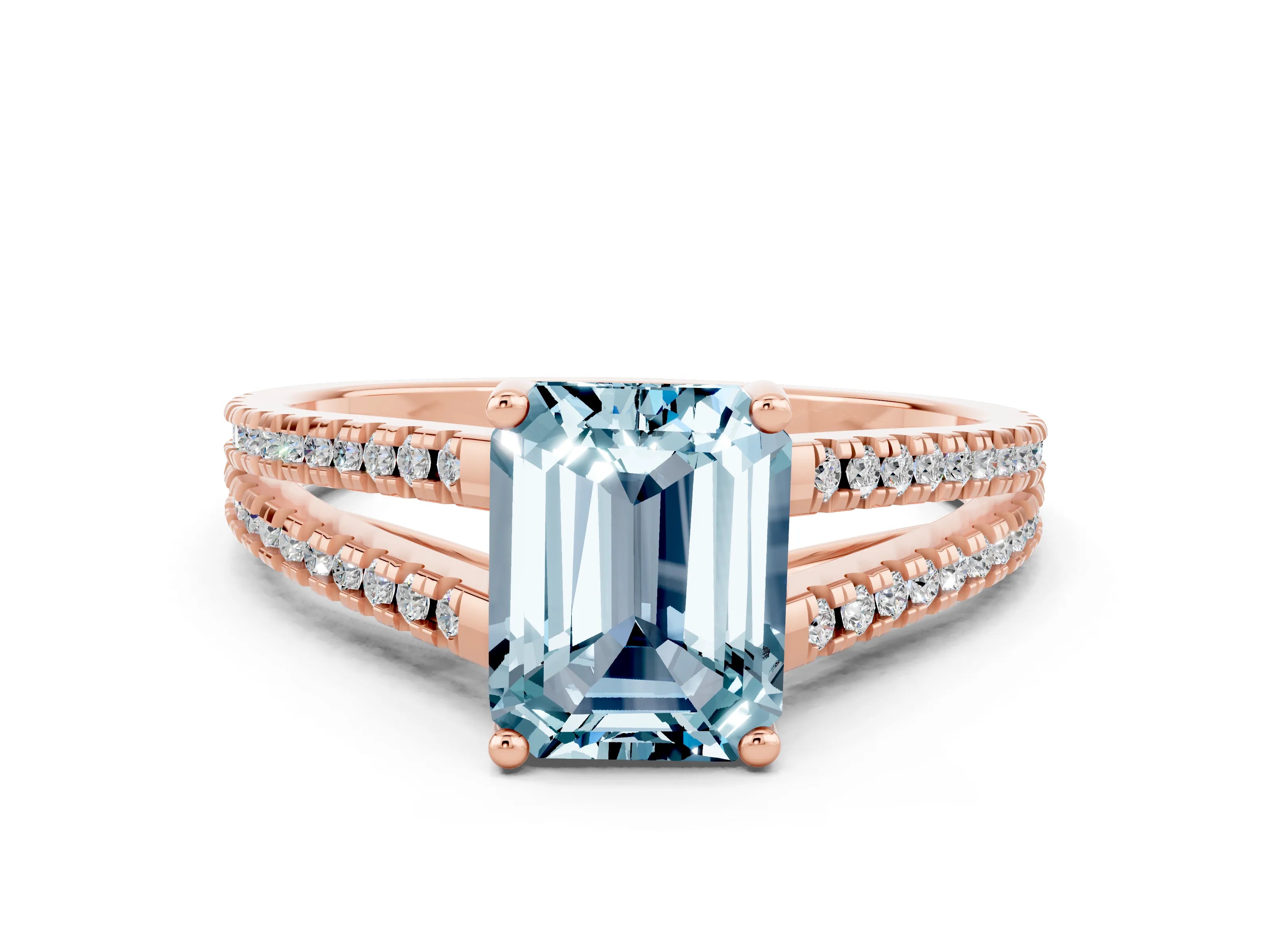 Rose gold Emerald Cut Aquamarine Solitaire Engagement Ring with Split Shank Pavé Band