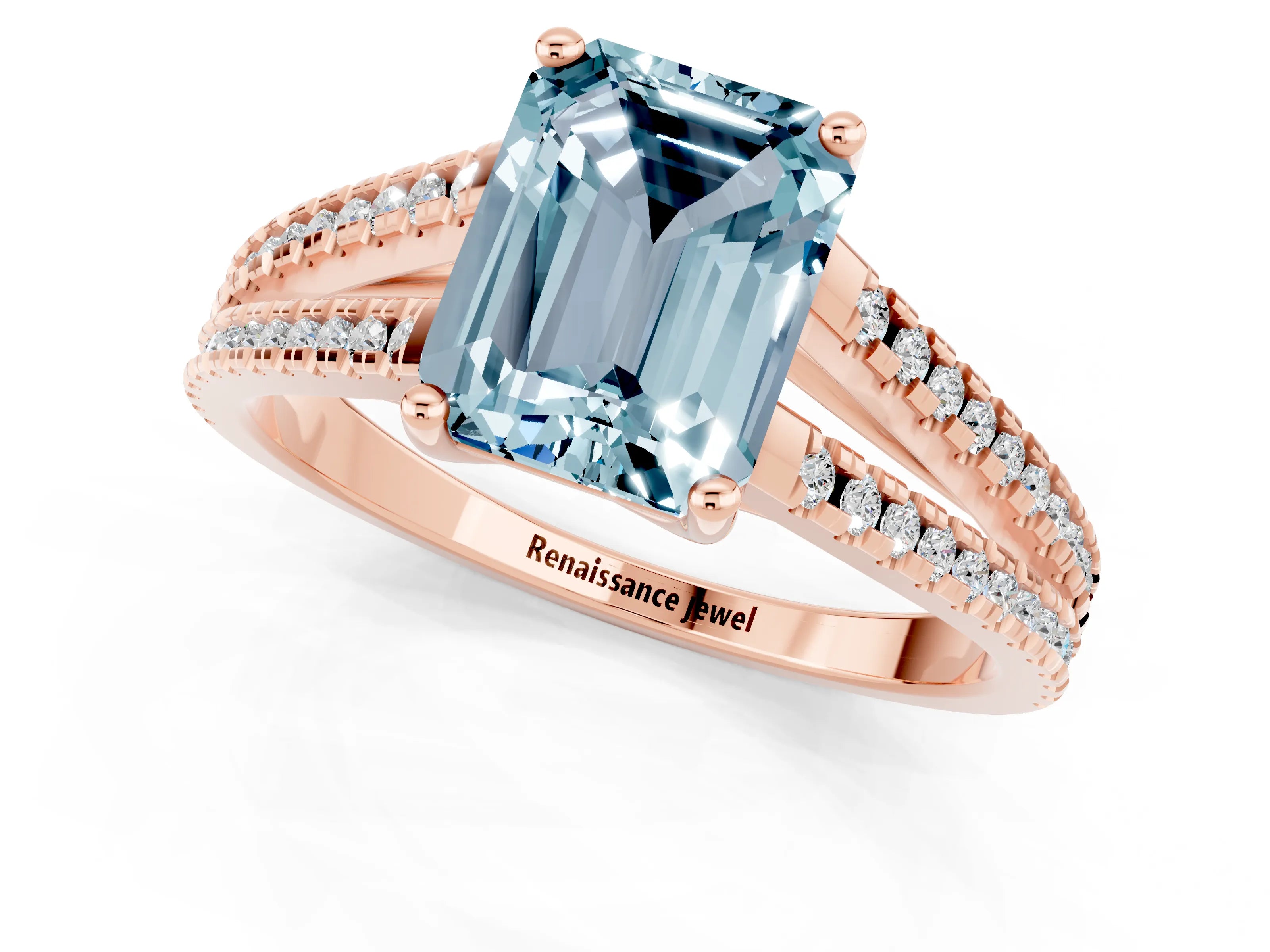 Rose gold Emerald Cut Aquamarine Solitaire Engagement Ring with Split Shank Pavé Band_1