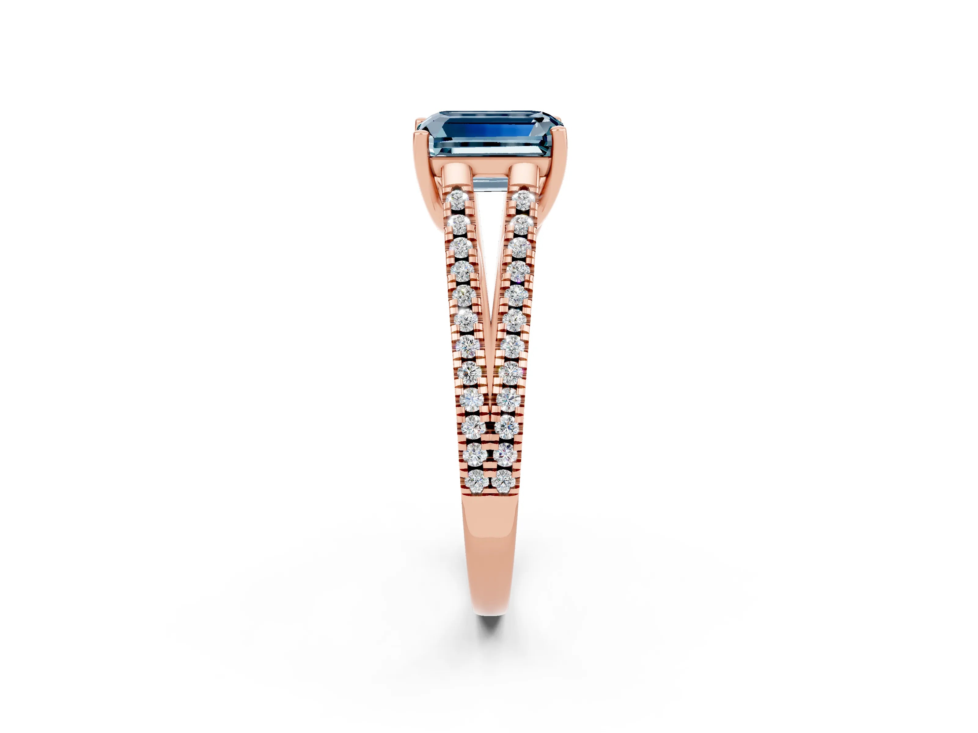 Rose gold Emerald Cut Aquamarine Solitaire Engagement Ring with Split Shank Pavé Band_2