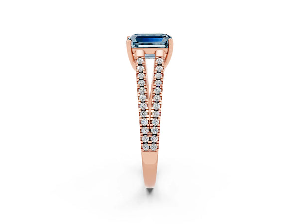 Rose gold Emerald Cut Aquamarine Solitaire Engagement Ring with Split Shank Pavé Band