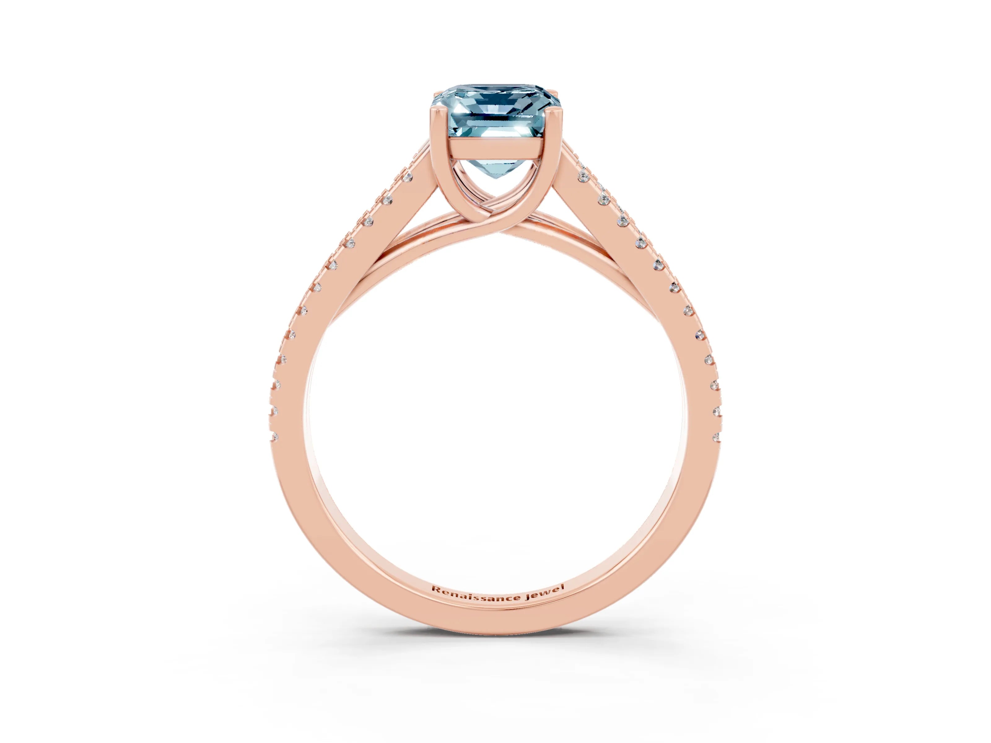 Rose gold Emerald Cut Aquamarine Solitaire Engagement Ring with Split Shank Pavé Band_3