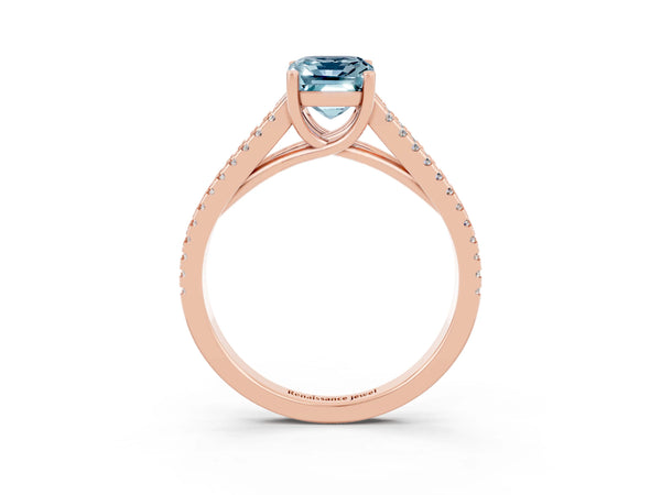 Rose gold Emerald Cut Aquamarine Solitaire Engagement Ring with Split Shank Pavé Band