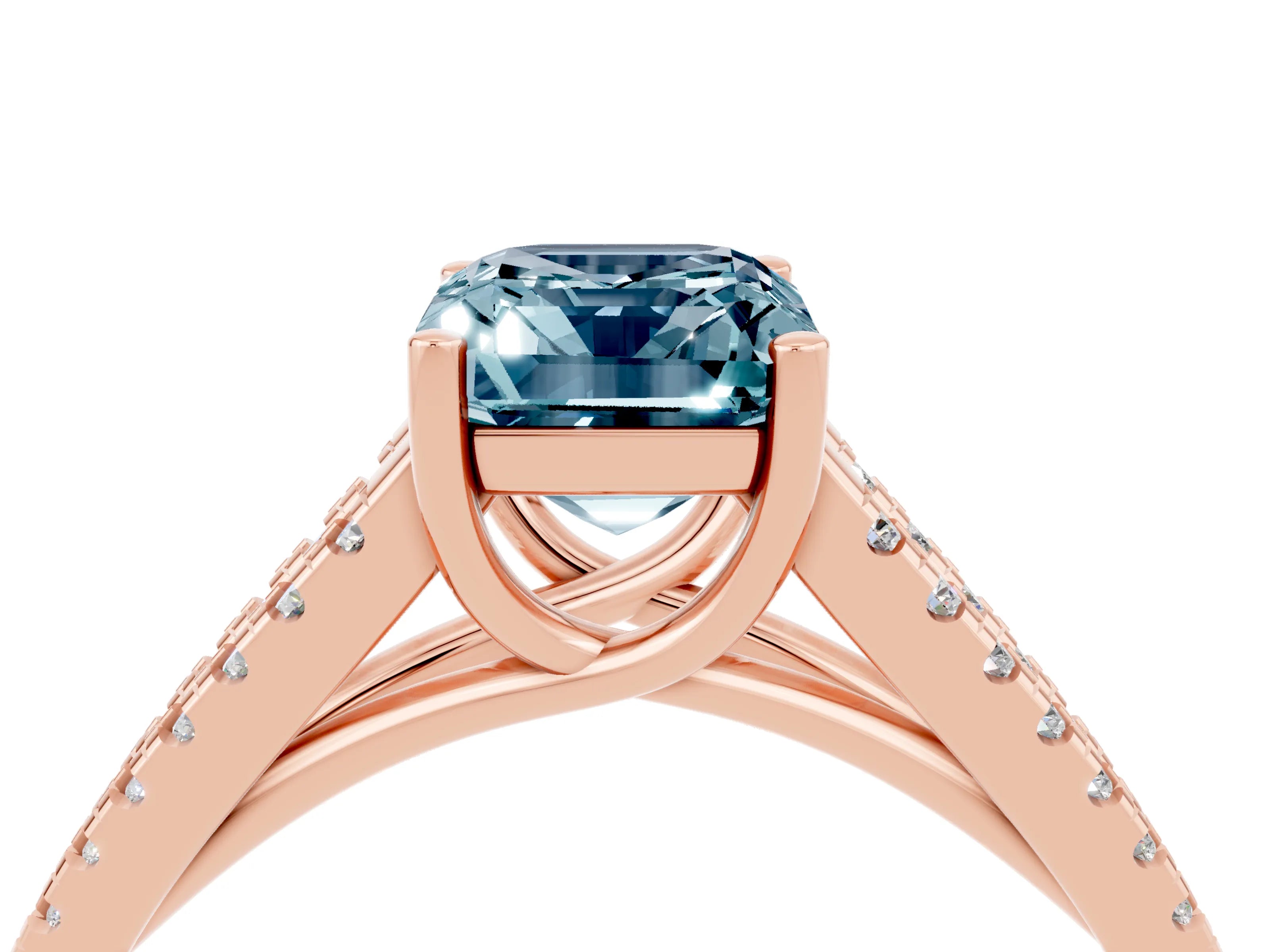 Rose gold Emerald Cut Aquamarine Solitaire Engagement Ring with Split Shank Pavé Band_4