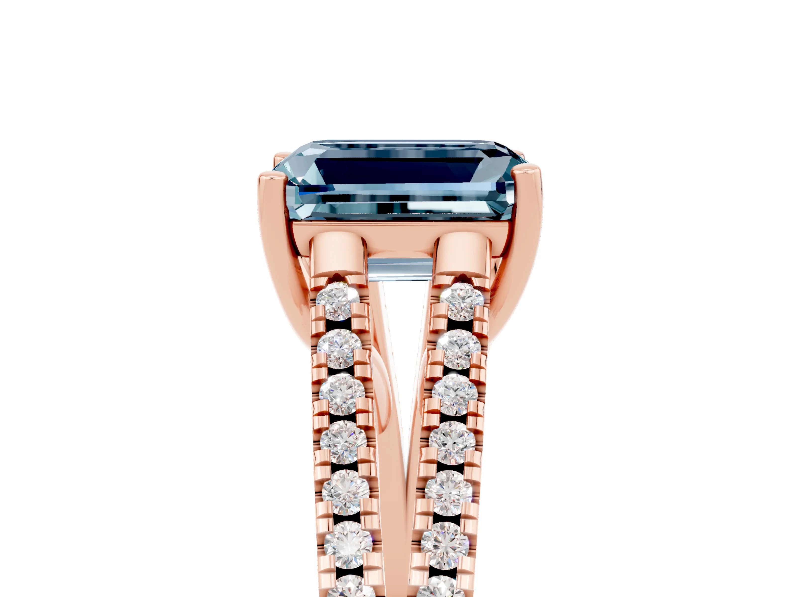 Rose gold Emerald Cut Aquamarine Solitaire Engagement Ring with Split Shank Pavé Band_5