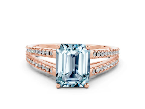 Rose gold Emerald Cut Aquamarine Solitaire Engagement Ring with Split Shank Pavé Band