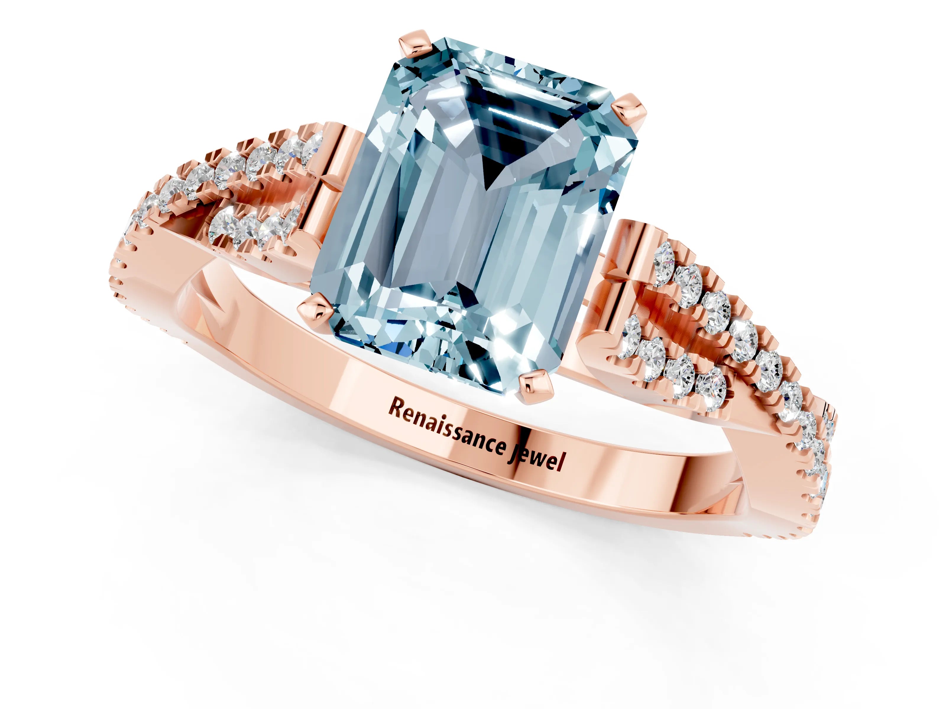 Rose gold Emerald Cut Aquamarine Solitaire Engagement Ring with Twisted Pavé Band and Four-Prong Setting_1