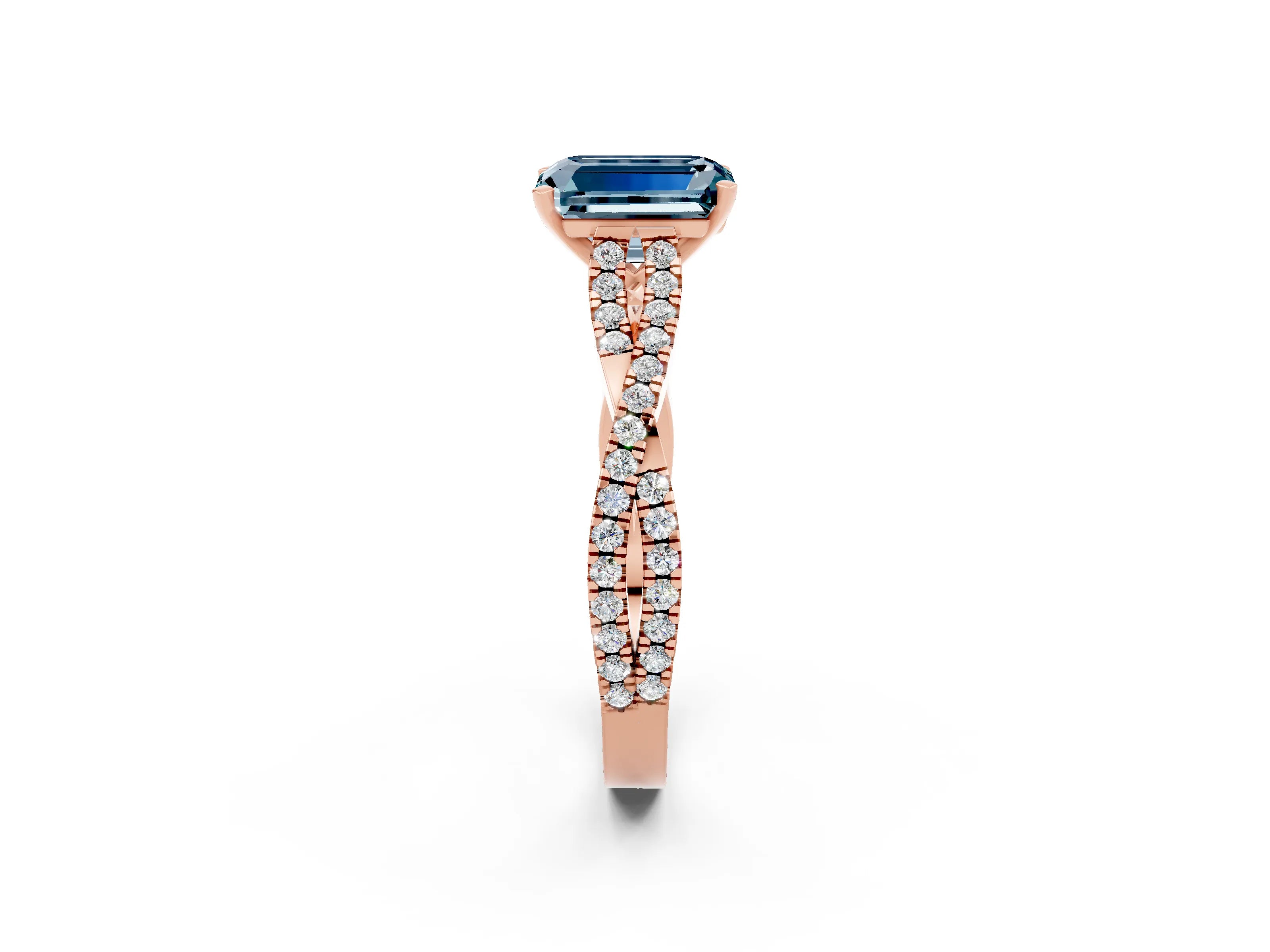 Rose gold Emerald Cut Aquamarine Solitaire Engagement Ring with Twisted Pavé Band and Four-Prong Setting_2