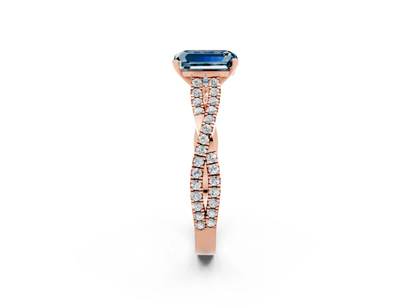 Rose gold Emerald Cut Aquamarine Solitaire Engagement Ring with Twisted Pavé Band and Four-Prong Setting