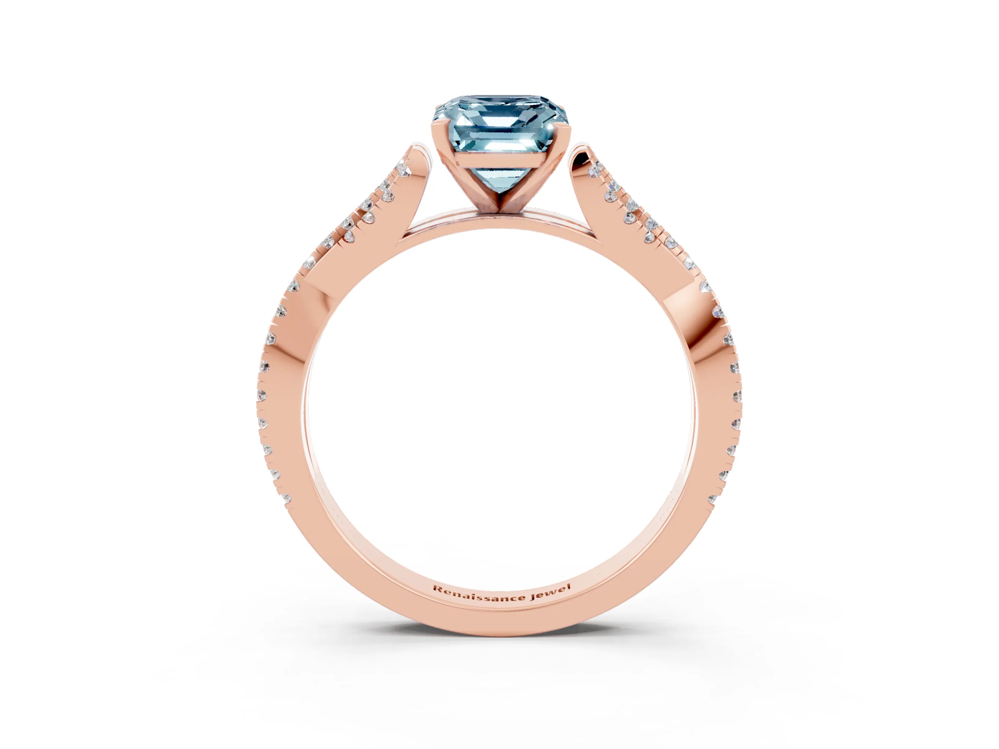 Rose gold Emerald Cut Aquamarine Solitaire Engagement Ring with Twisted Pavé Band and Four-Prong Setting_3