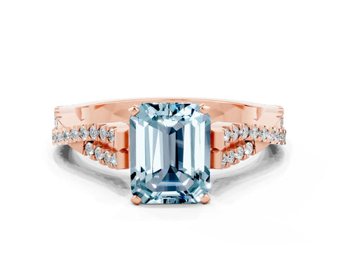 Rose gold Emerald Cut Aquamarine Solitaire Engagement Ring with Twisted Pavé Band and Four-Prong Setting