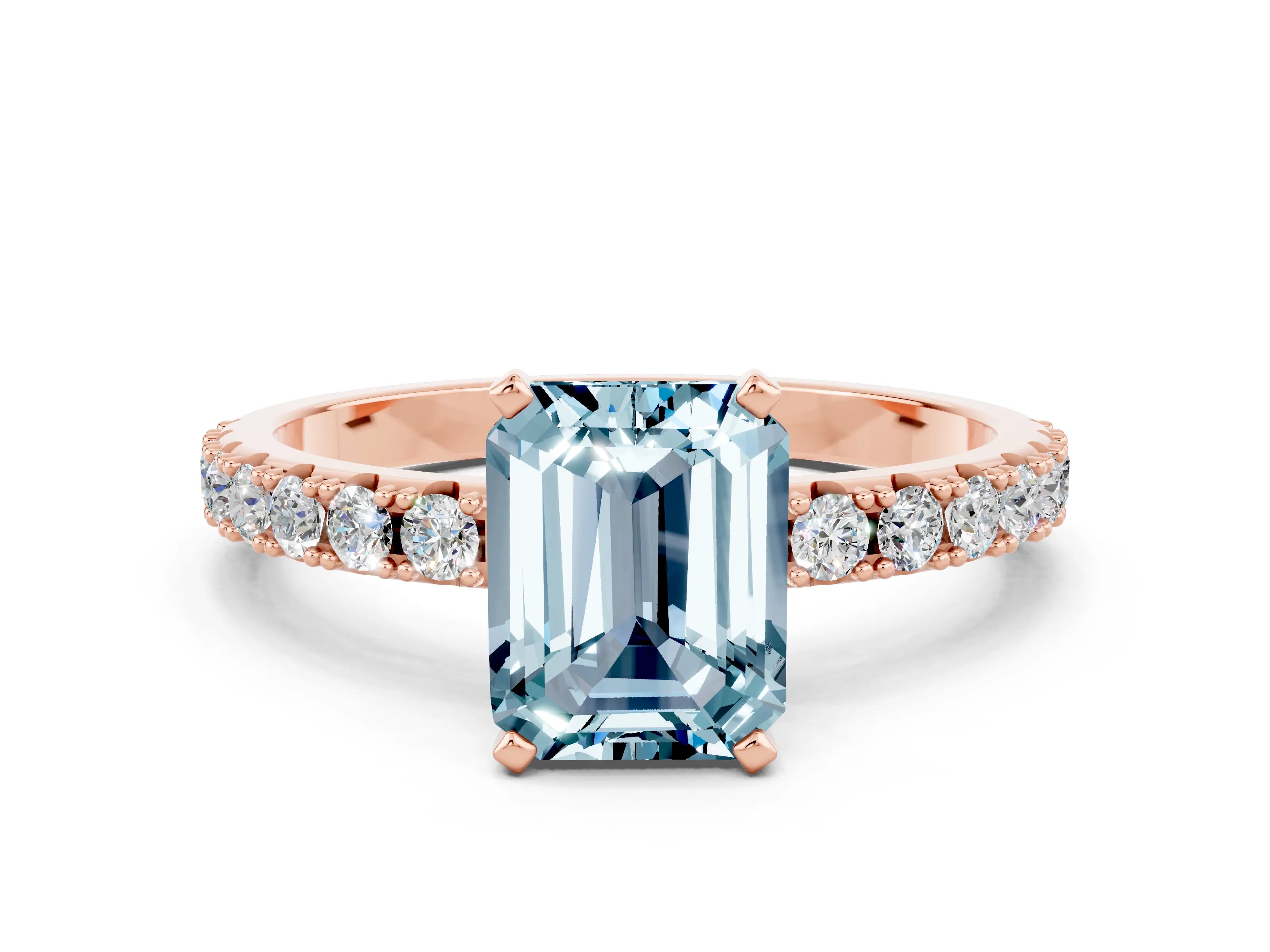 Rose gold Emerald Cut Aquamarine Solitaire Pavé Band with Four-Prong Setting