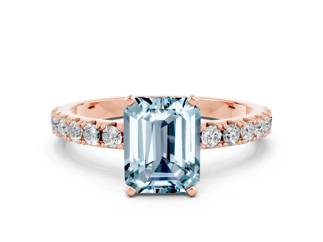 Rose gold Emerald Cut Aquamarine Solitaire Pavé Band with Four-Prong Setting