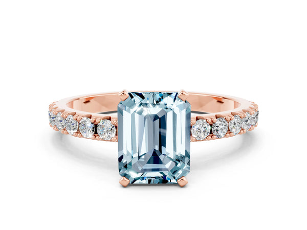 Rose gold Emerald Cut Aquamarine Solitaire Pavé Band with Four-Prong Setting