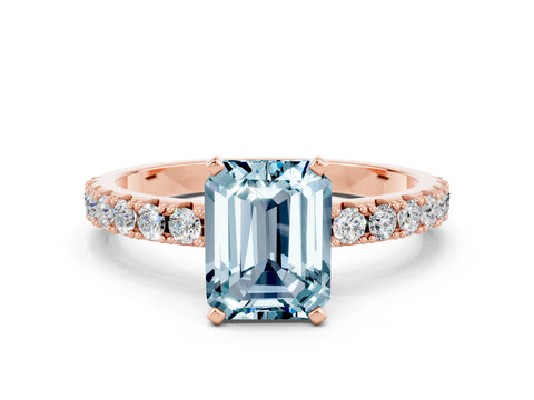 Rose gold Emerald Cut Aquamarine Solitaire Pavé Band with Four-Prong Setting