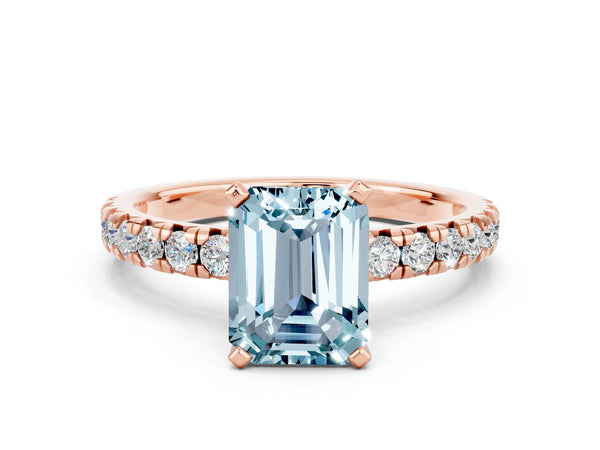 Rose gold Emerald Cut Aquamarine Solitaire Pavé Engagement Ring with Round Band and Prong Setting