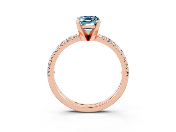 Rose gold Emerald Cut Aquamarine Solitaire Pavé Engagement Ring with Round Band and Prong Setting