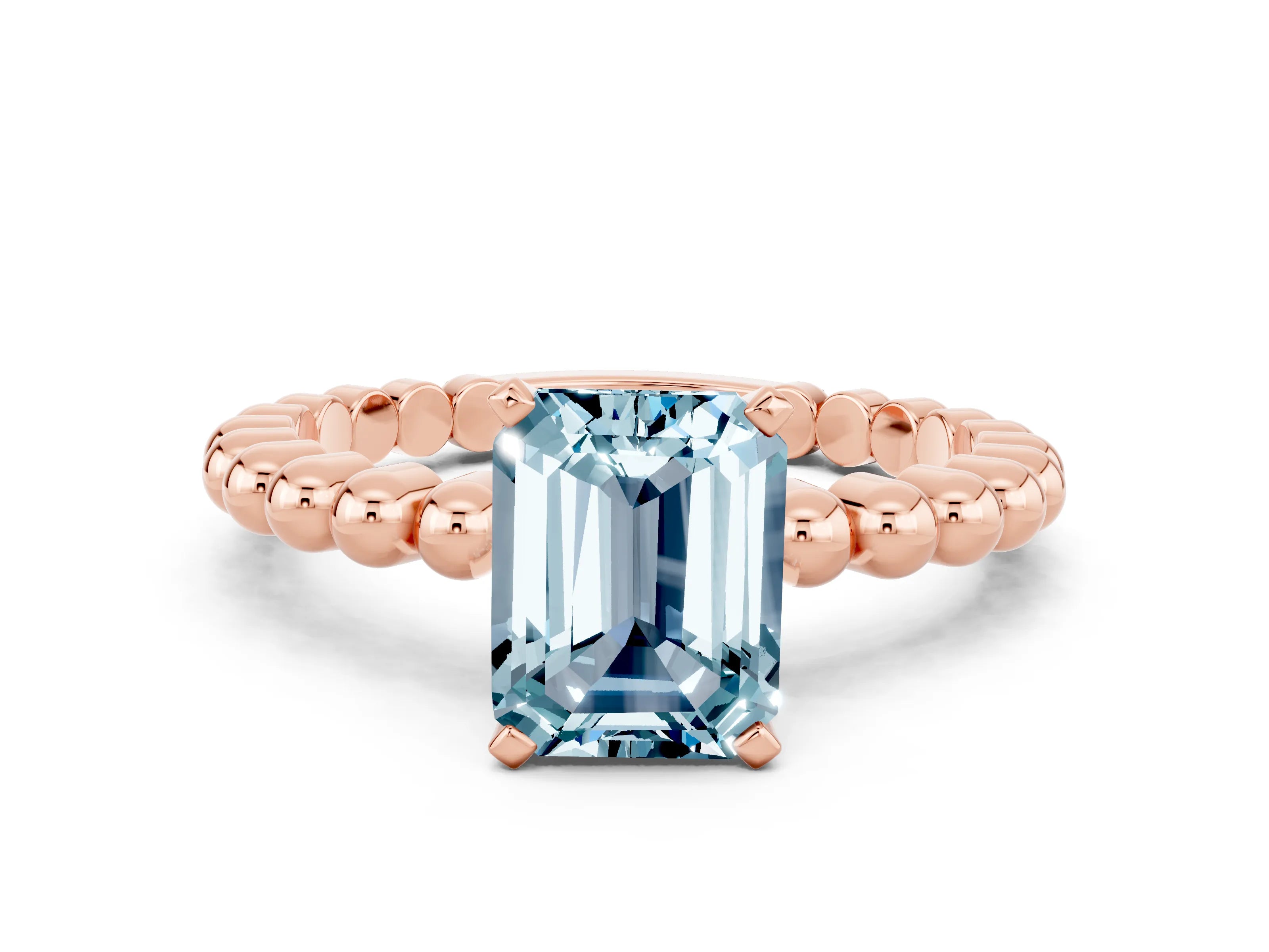 Rose gold Emerald Cut Aquamarine Solitaire Ring with Beaded Band and Prong Setting